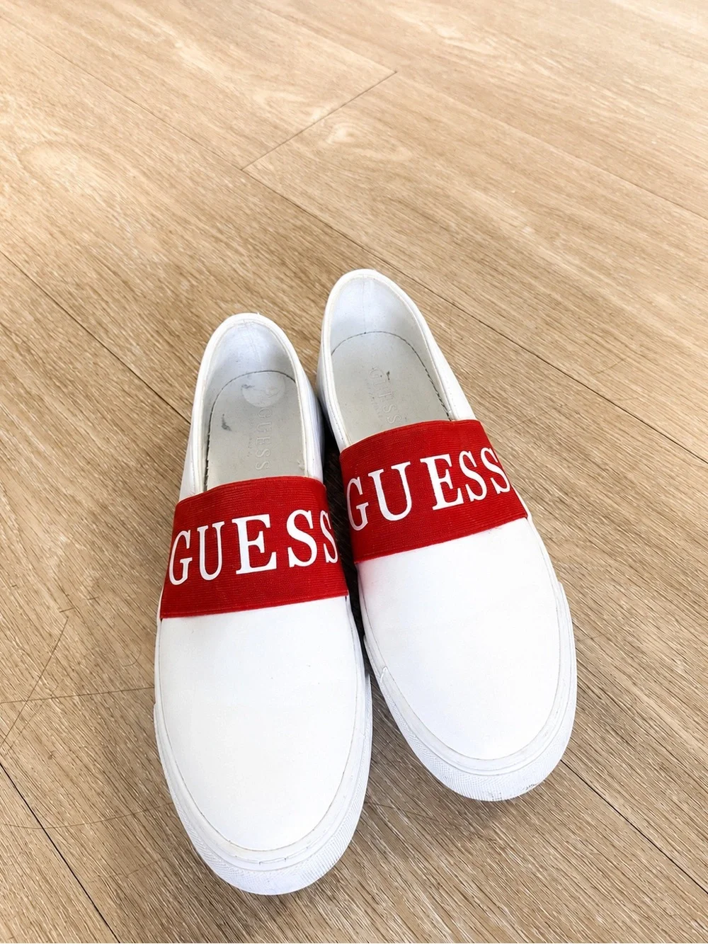 Guess White Slip-On Mules with Red Logo Band